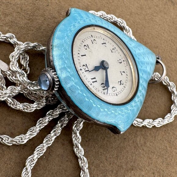 Stunning1920's Swiss Made 925 Silver Guilloche Powder Blue Watch Maracsite Motif - Picture 9 of 10